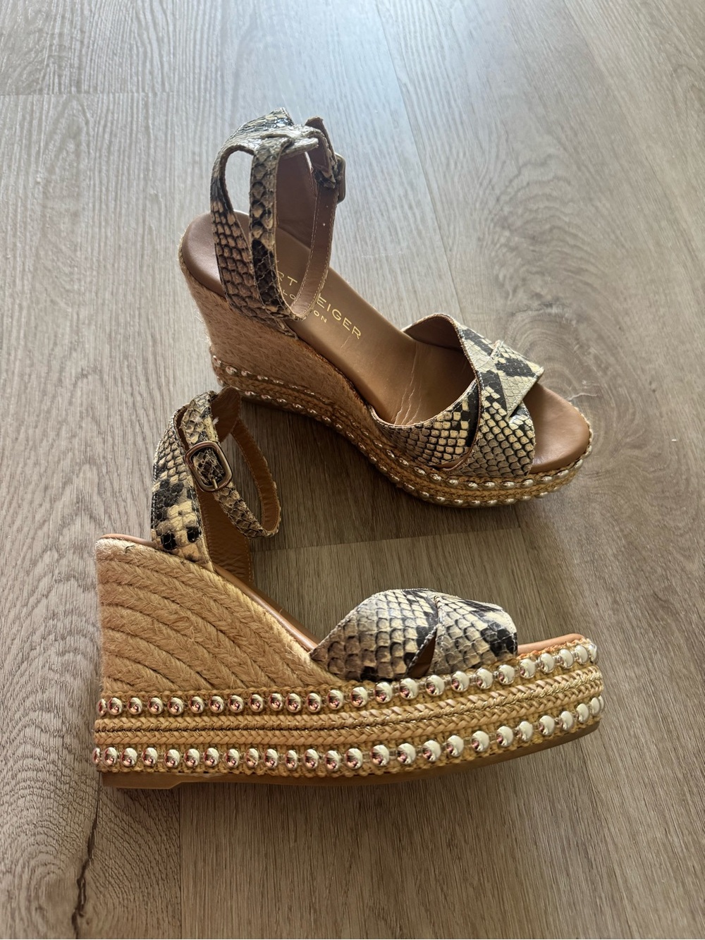 Kurt Geiger Snake-Print Espadrille Wedge Sandals in Brown and Black
